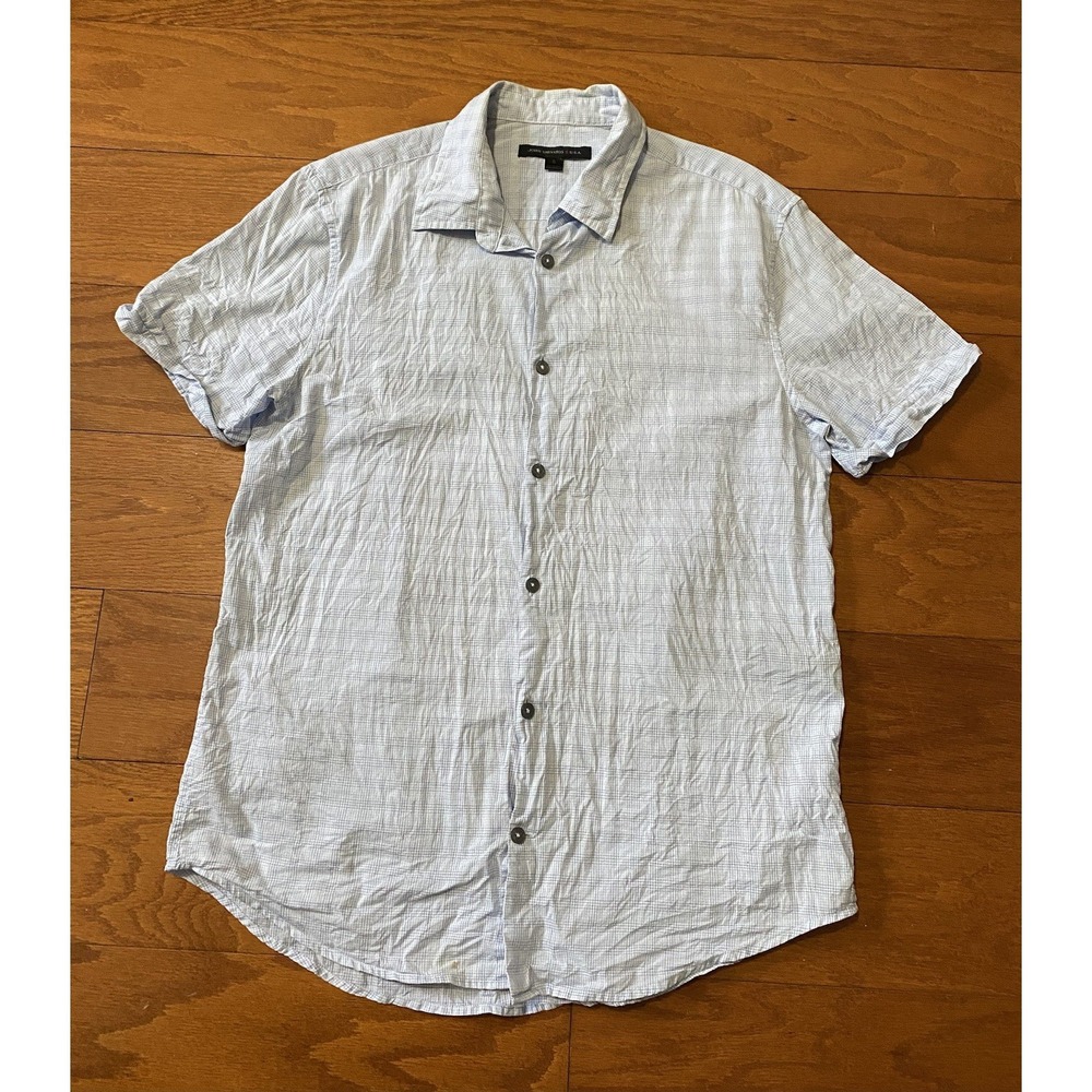 John Varvatos Shirt Mens Small Blue Button Up Short Sleeve *Flaws Stain Discolor